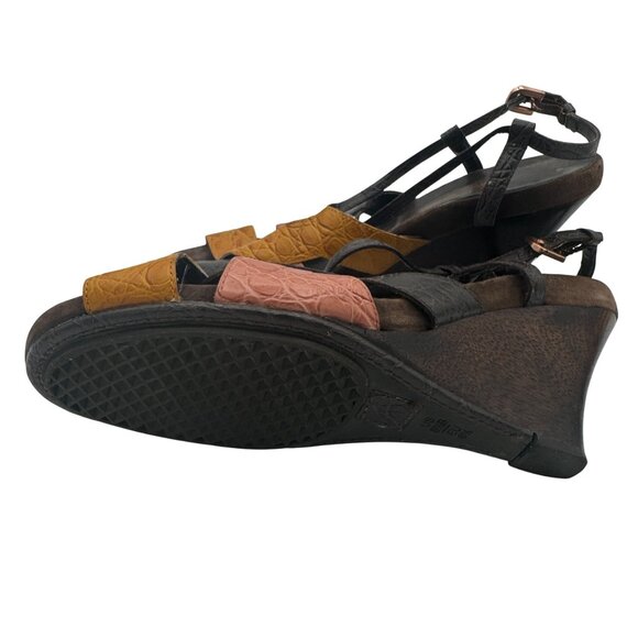 Aerosoles Wedge Sandals 8.5 Black Brown Orange Croc Embossed Leather Straps - Picture 8 of 8